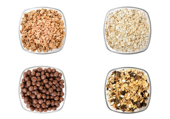 Set of different tasty breakfast cereals on colorful background, top view.