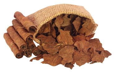 Dry tobacco leaves in sack