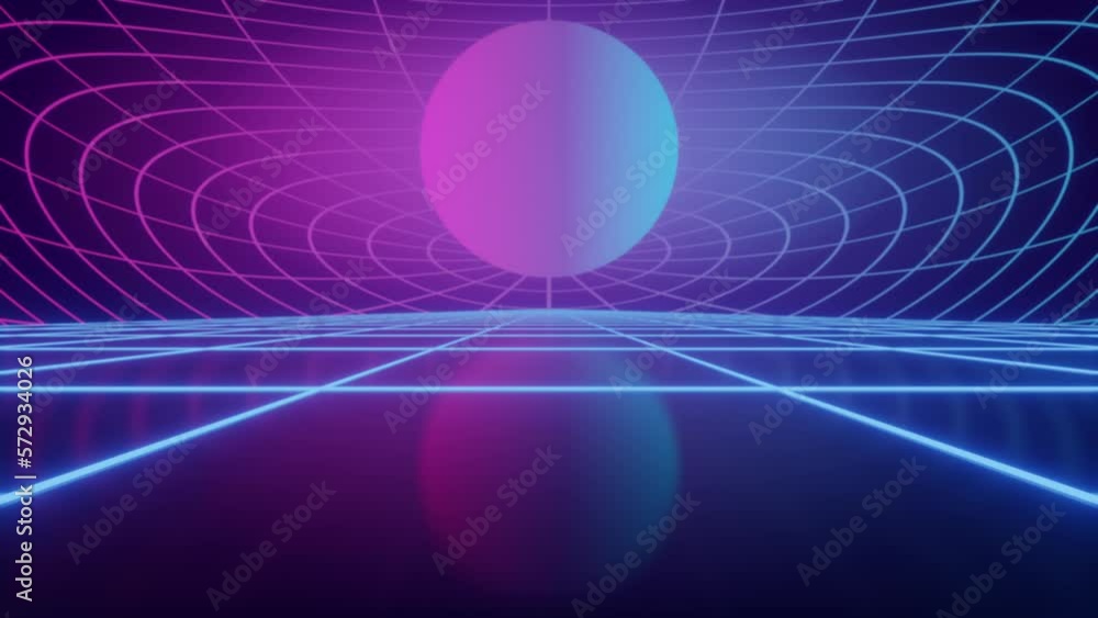 Poster synthwave animated background. 80s wireframe landscape. retro future perspective grid. retrowave sty