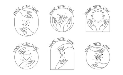 Circle hand made badges and labels. Linear hand in different gestures. Vector illustration