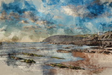 Plakat Stunning landscape image of Croyde beach in Devon during late Summer in England with beautiful clouds formations and colours