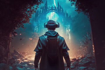 A man in virtual reality glasses in an unreal world. AI generative.