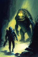 Fototapeta premium vintage sci-fi painting of man in space suit and monster in metal armor, made with generative ai
