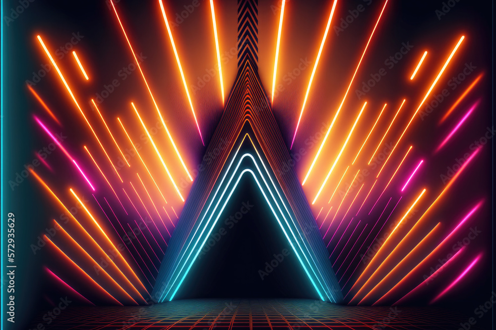 Poster the shining neon banner. multi-colored bright scintillating triangles. abstract background. design e