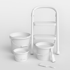 Set of folding ladder, bucket with paint rollers and brushes on monochrome. © boule1301