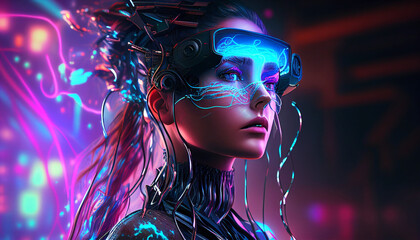 A humanoid cyber girl in Metaverse virtual digital technology. Artificial intelligence. Girl with virtual reality VR goggle playing AR augmented reality game and entertain. Postproducted generative AI - obrazy, fototapety, plakaty