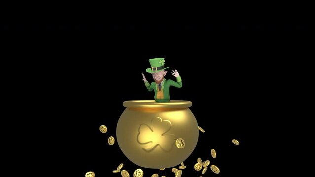 Leprechaun throws up gold coins from gold pot - 3d render looped with alpha channel.