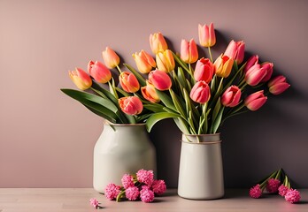 Flowers composition, pink flowers on pastel colors abstract background