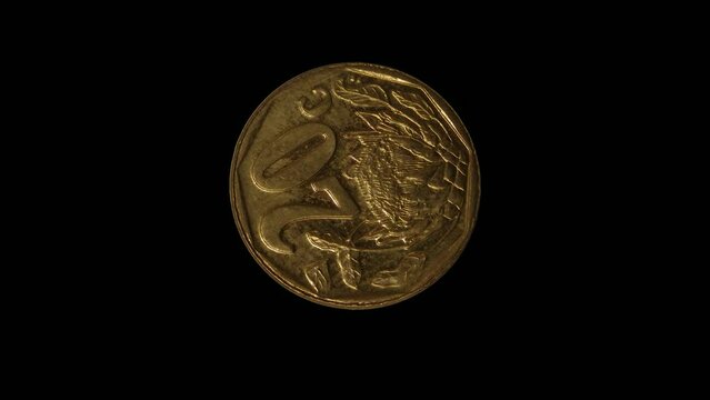 Rotating reverse of South Africa coin 20 cents, isolated in black background. 4k video.