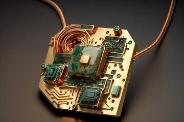 Motherboard jewelry design, concept of Hardware Art and Upcycled Crafts, created with Generative AI technology