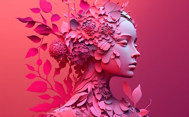 Woman silhouette with abstract colorful flowers, 3d render pastel colors