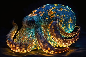Obraz premium Octopus skin glowing, concept of Iridescent and Bioluminescence, created with Generative AI technology