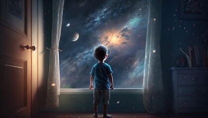 a kid watching out at big window open to galaxy sky, midnight time, idea for imagination and dream concept, Generative Ai - obrazy, fototapety, plakaty