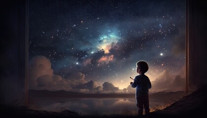 a kid watching out at big window open to galaxy sky, midnight time, idea for imagination and dream concept, Generative Ai