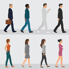 Fototapeta premium The profile of various people walking down the street. flat design style minimal vector illustration