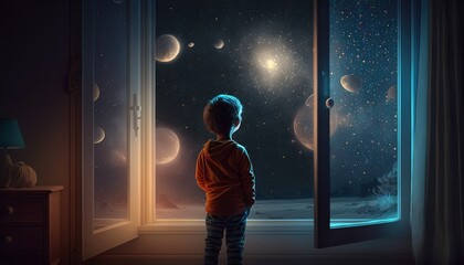 Fototapeta na wymiar a kid watching out at big window open to galaxy sky, midnight time, idea for imagination and dream concept, Generative Ai
