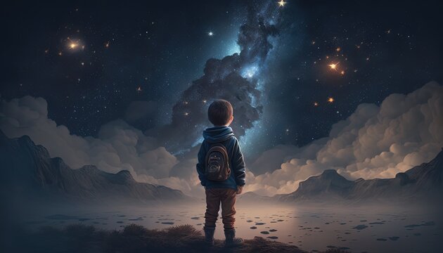 a boy under starfield in night time, glitter glow galaxy star flicker above, idea for prayer of hope, love, peace theme, Generative Ai	
