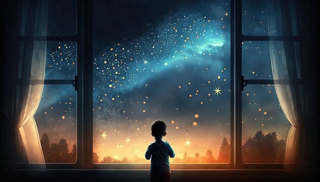 a kid watching out at big window open to galaxy sky, midnight time, idea for imagination and dream concept, Generative Ai
