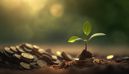 Fototapeta na wymiar finance management conceptual, new young sprout tree grow from dirt that has coin as ground, generative Ai