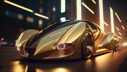 hi-tech future car in gold color with cityscape background, Generative Ai	
