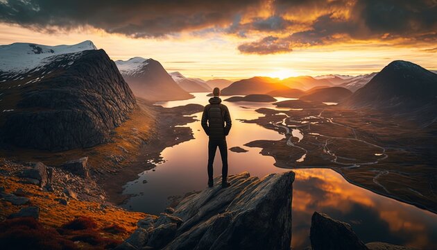 a hiking man watching sunrise at highest peak, start of the spring season greeting scenery, dare to dream conceptual, generative Ai