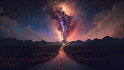 fantasy way to heaven, glitter glow starry midnight sky over the highway road to horizon, Generative Ai