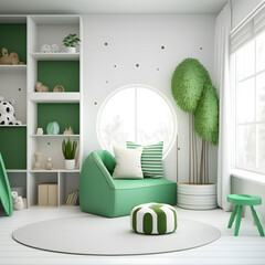 Bright and cozy modern playroom interior with green furniture and decoration room on empty green or white wall background, Ai generated
