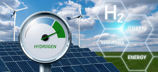 Hydrogen gauge with tree colors - gray, blue and green on a background of solar panels and wind...