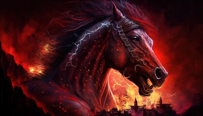 close up ghostly red running horse, Generative Ai