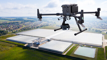 Drone fly over agricultural greenhouse