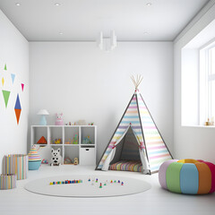Bright and cozy modern playroom interior with Multi color furniture and decoration room on empty Multi color or white wall background, Ai generated
