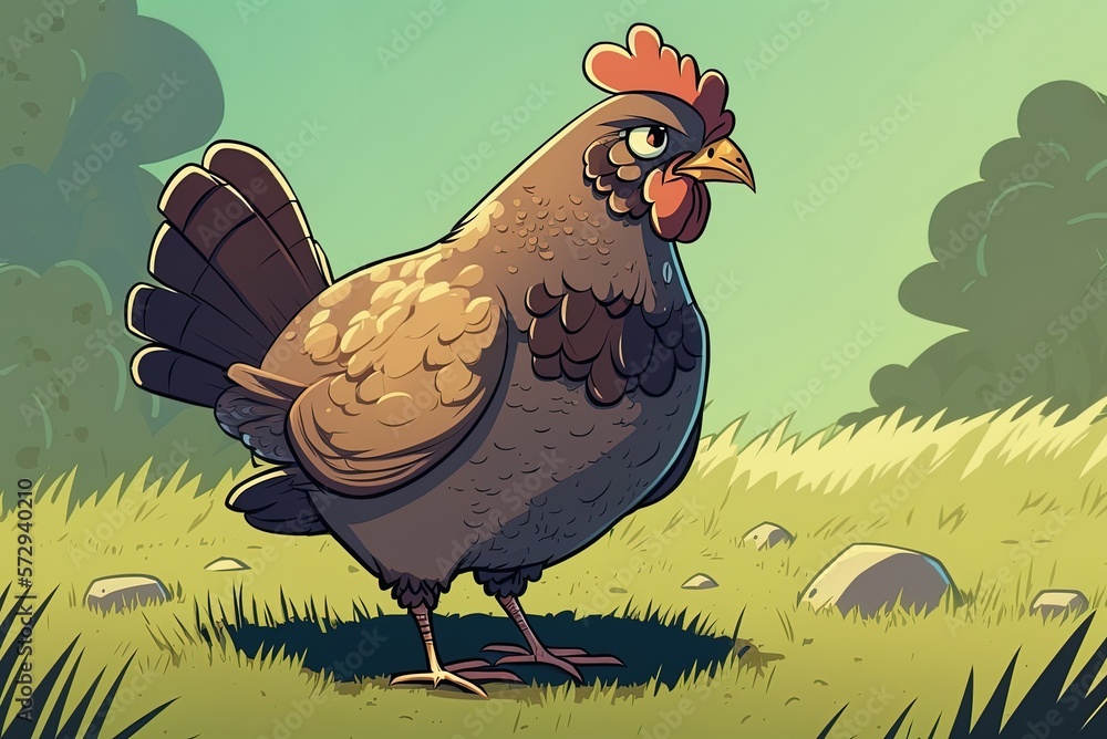 Poster a close image of a brown chicken grazing in a field generative ai