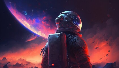 Obraz na płótnie Canvas illustration of an astronaut in space battlefield, idea for sci-fi and space punk background wallpaper, Generative ai