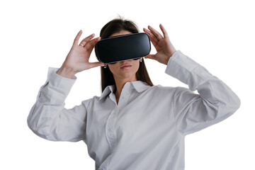 Beautiful young girl in virtual reality headset. Augmented Reality. Happy woman holds 3D vr glasses, explores, education programs. Woman plays using VR goggles against transparent background.