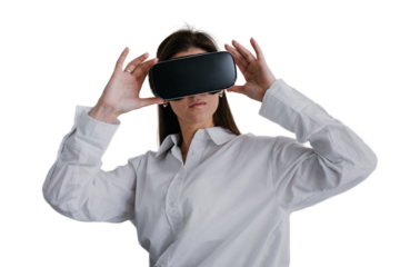 Beautiful young girl in virtual reality headset. Augmented Reality. Happy woman holds 3D vr glasses, explores, education programs. Woman plays using VR goggles against transparent background.