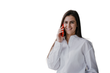 Cheerful brunette hispanic young businesswoman talking by phone, great news. Pretty caucasian girl home using cell phone looks happily against  transparent background. Successful female. Chatting girl