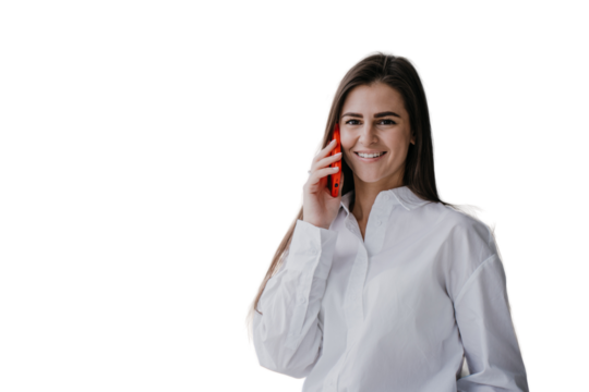 Cheerful brunette hispanic young businesswoman talking by phone, great news. Pretty caucasian girl home using cell phone looks happily against  transparent background. Successful female. Chatting girl