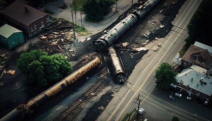 illustration of derailment train with flame and black smoke burning on it, idea for support Ohio crisis, Generative Ai