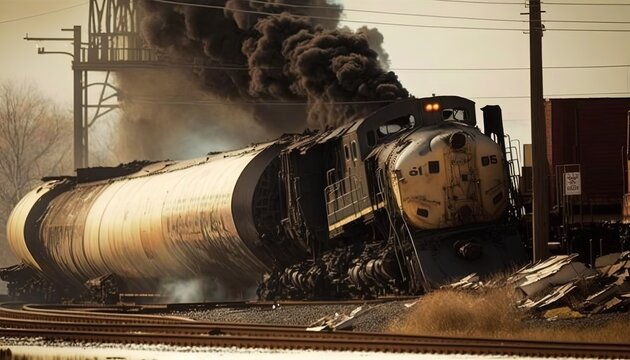 illustration of derailment train with flame and black smoke burning on it, idea for support Ohio crisis, Generative Ai