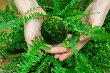 Woman holds a green planet Earth. Symbol of sustainable development and renewable energy	