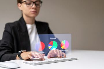 Woman business person working with  virtual diagrams retail kpi, share of business: departments,...