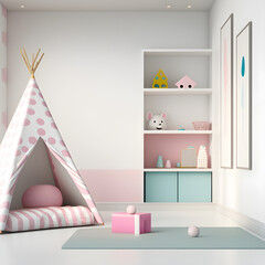 Bright and cozy modern playroom interior with pink furniture and decoration room on empty pink or white wall background, Ai generated
