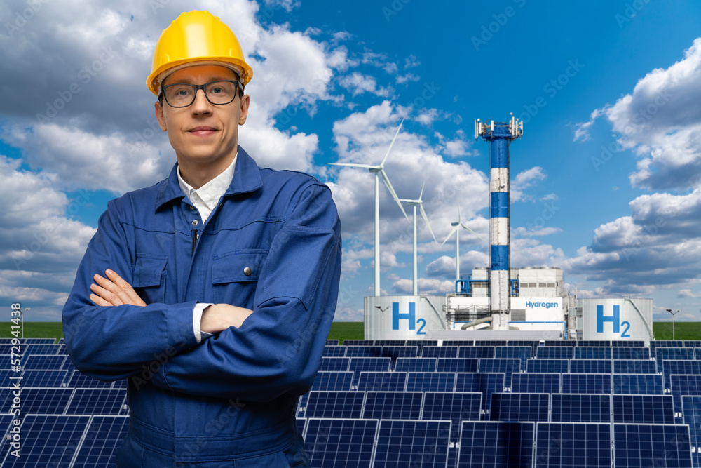 Poster engineer in helmet on a background of hydrogen factory