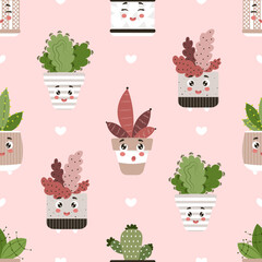 kawaii flowerpots seamless pattern, cute kawaii cacti, kawaii plant spring set, houseplant, home garden, gardening, plant blinds, houseplant shop concept, greenhouse