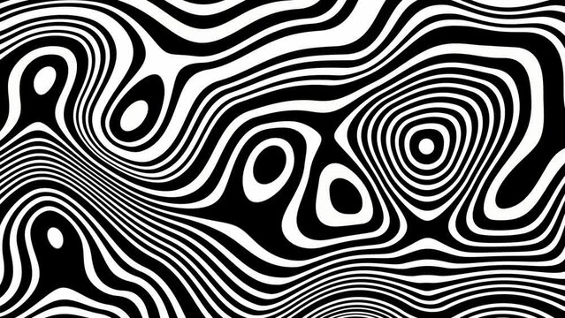 Black and white, retro, abstract, wavy, psychedelic, flat, abstract, cartoon optical illusion looping background.