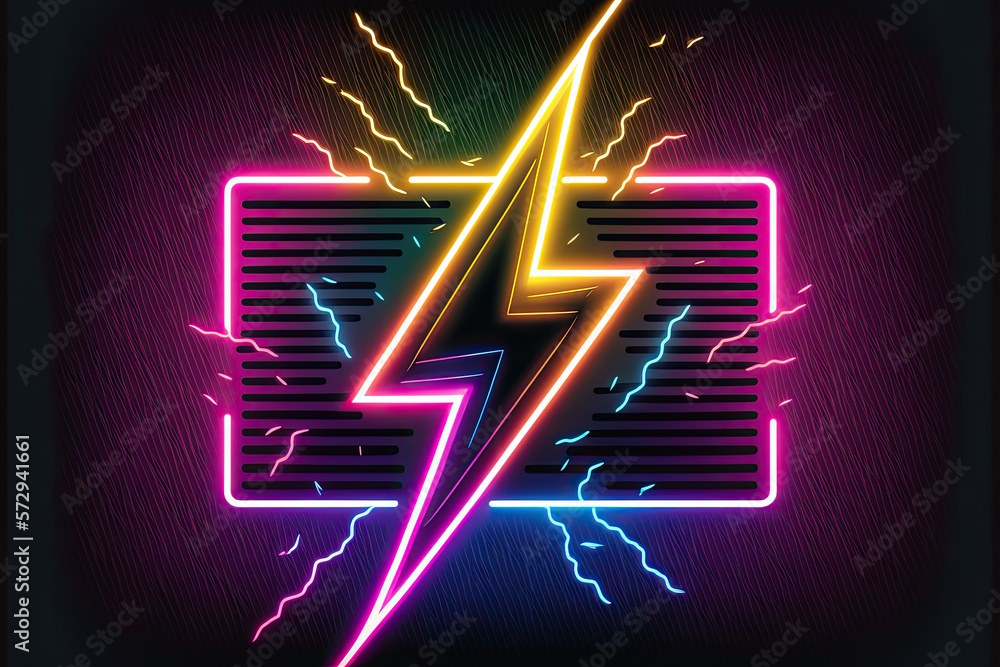 Poster electricity symbol. the shining square neon banner. multi-colored bright framework. design element. 