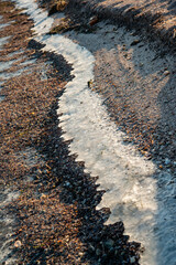Winding strip of Ice on the shore of the Tiligul Estuary, storm emissions of algae and mollusks,...
