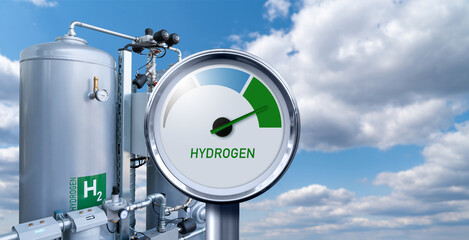 Hydrogen gauge with tree colors - gray, blue and green  on a background of machine for the production of hydrogen by electrolysis. Green hydrogen production concept	