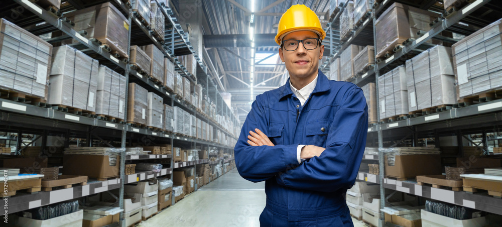 Aufkleber warehouse manager in helmet looking at camera