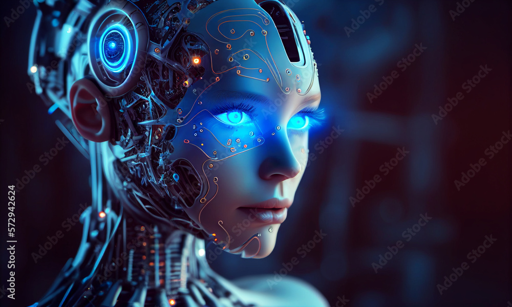 Poster artificial intelligence in image of cyborg girl with electronic brain. neural network trained using 